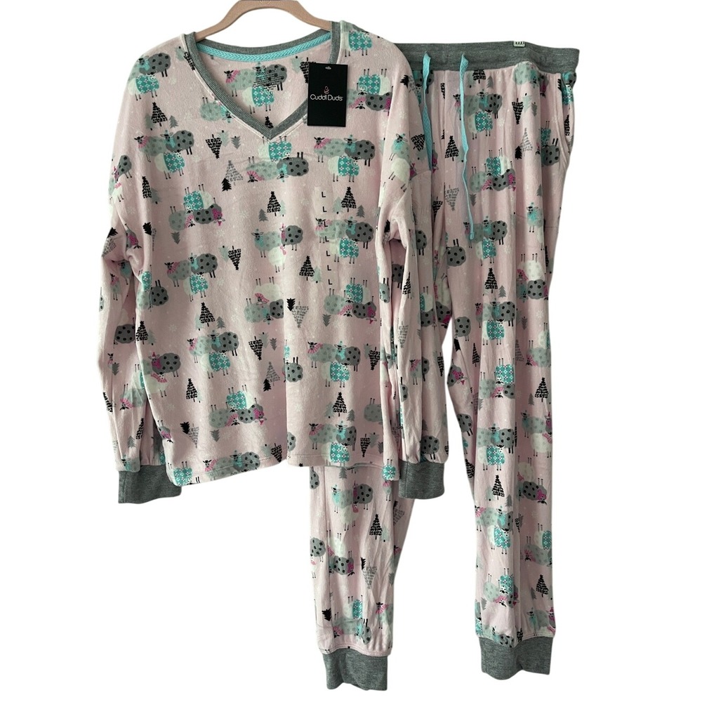 Cuddl Duds Pink Sheep & Holiday Christmas Tree Pajama Set Large NWT